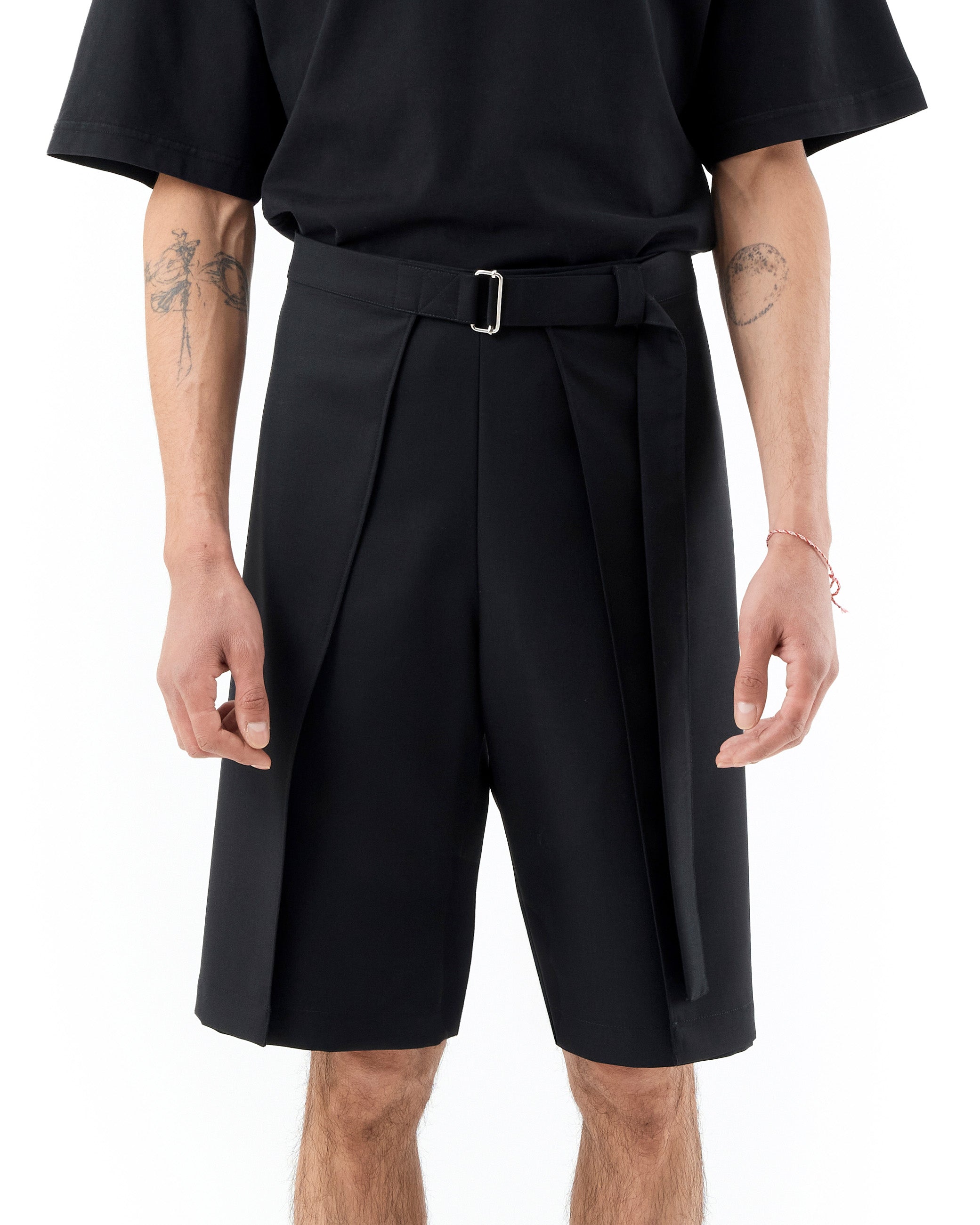 BLACK MERINO WOOL WRAP SHORTS