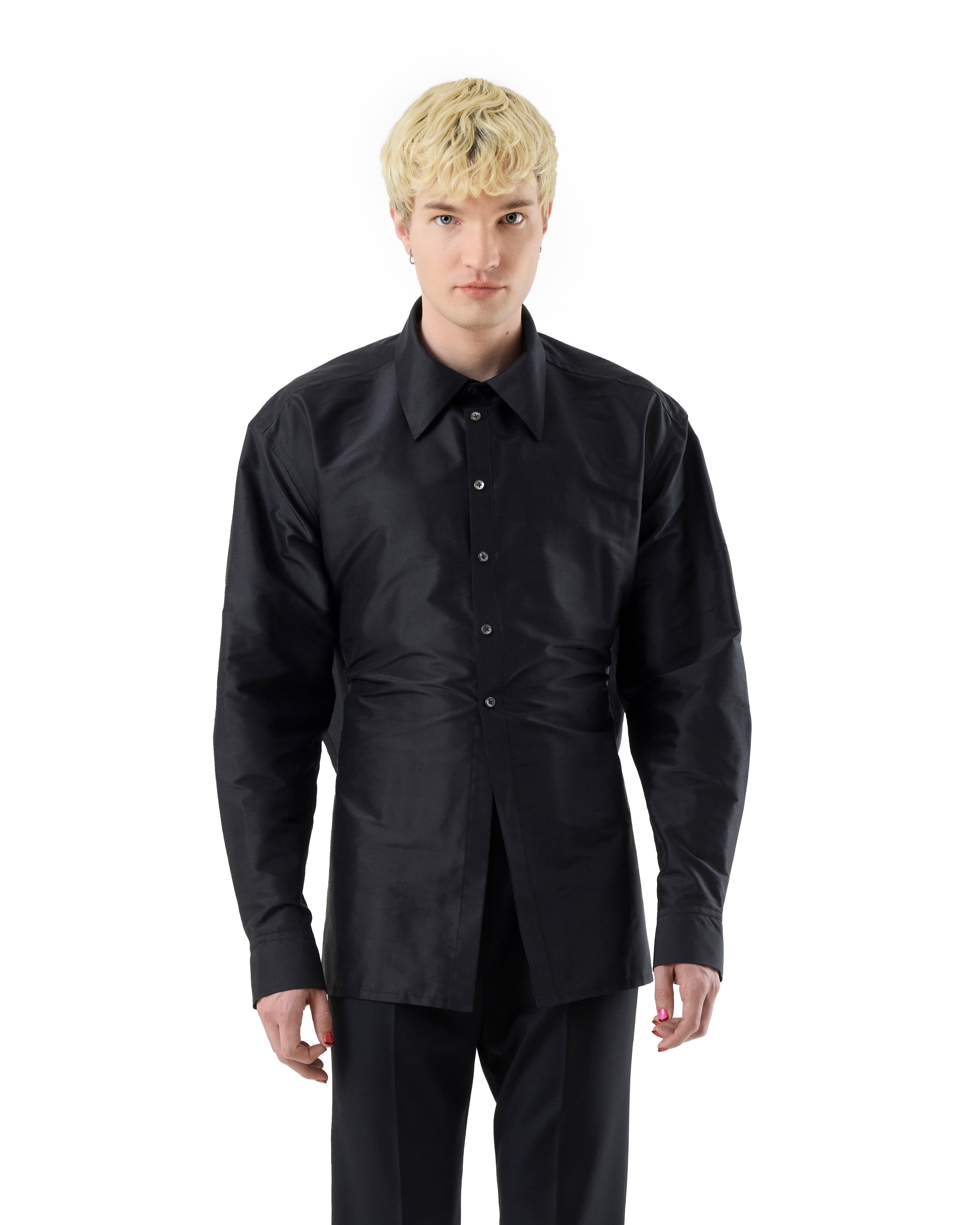 BLACK SILK OPEN BACK SHIRT
