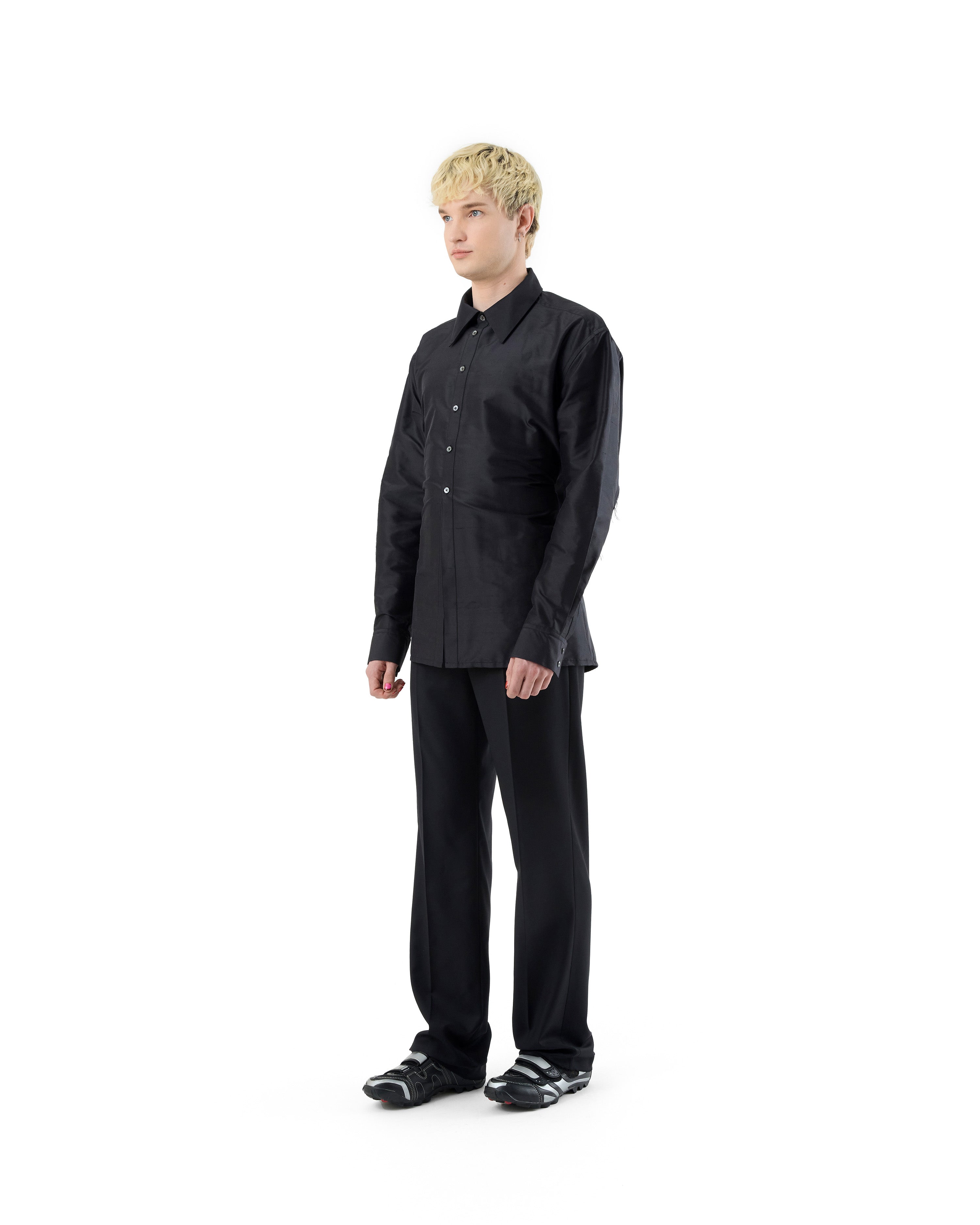 BLACK SILK OPEN BACK SHIRT