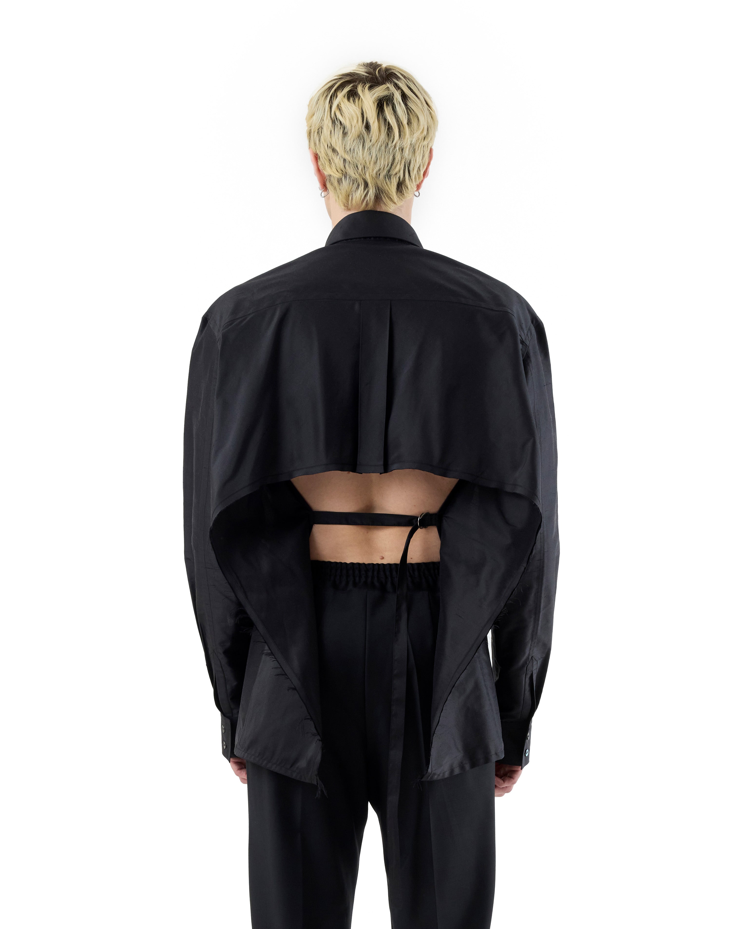 BLACK SILK OPEN BACK SHIRT