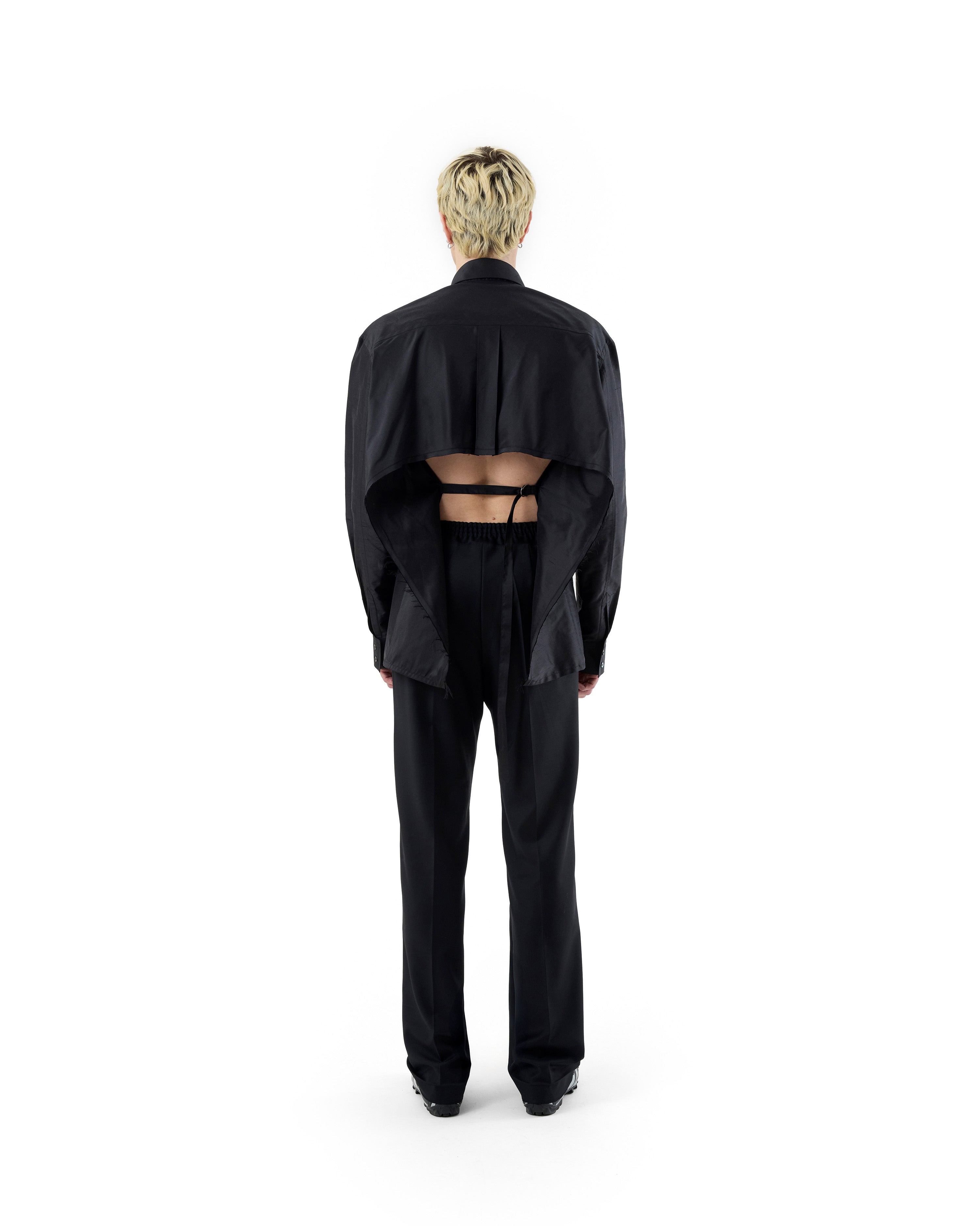 BLACK SILK OPEN BACK SHIRT