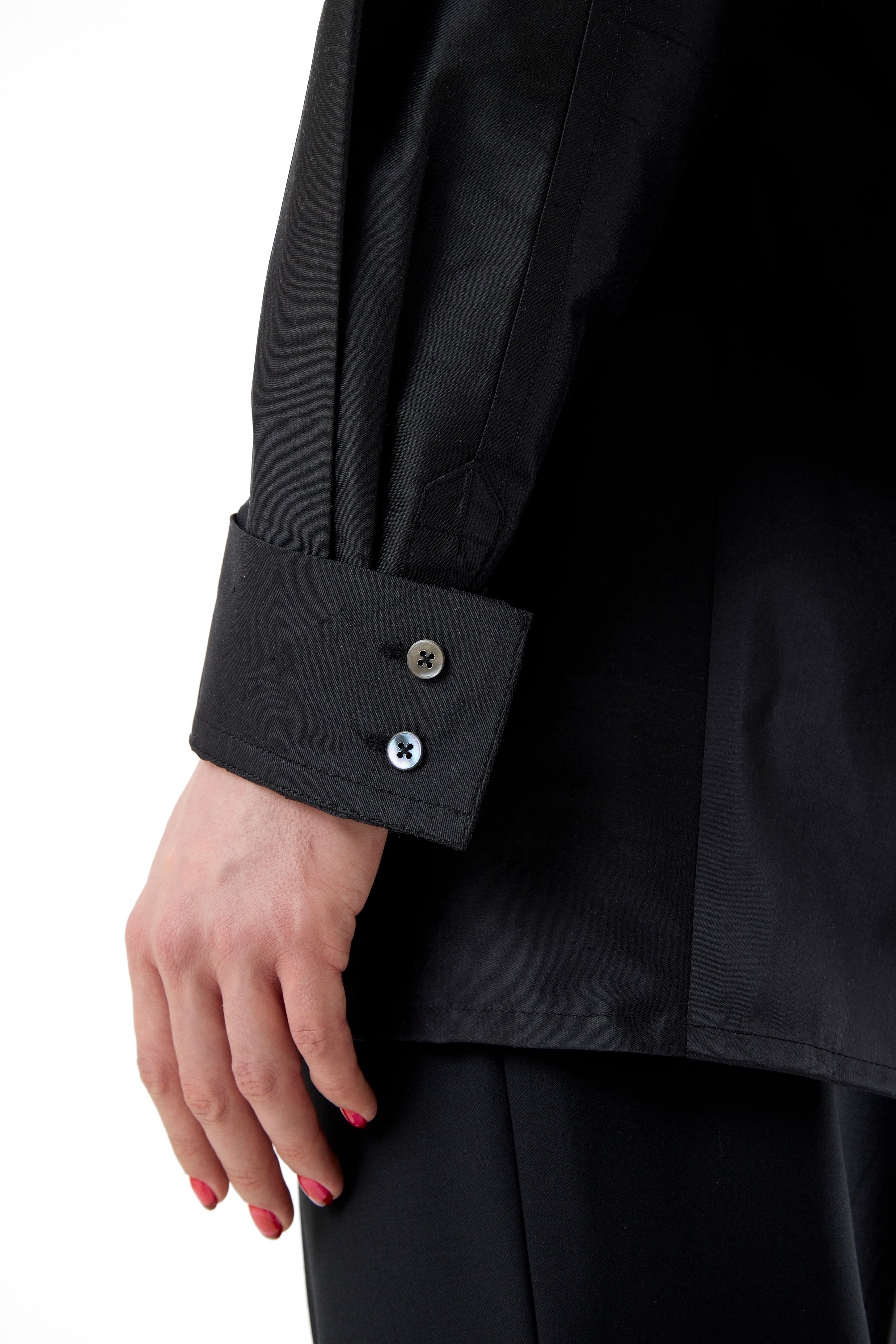 BLACK SILK OPEN BACK SHIRT