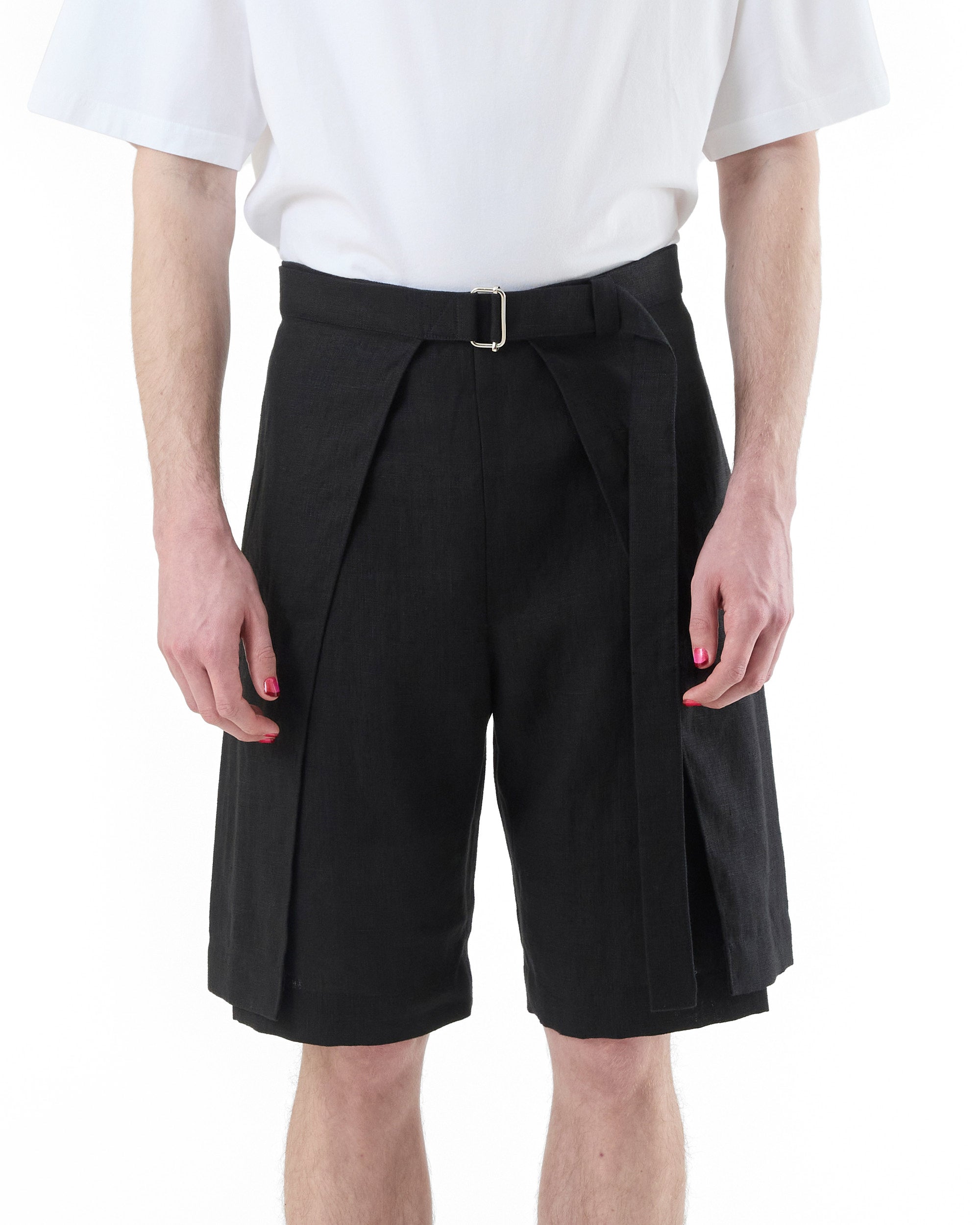 BLACK LINEN WRAP SHORTS