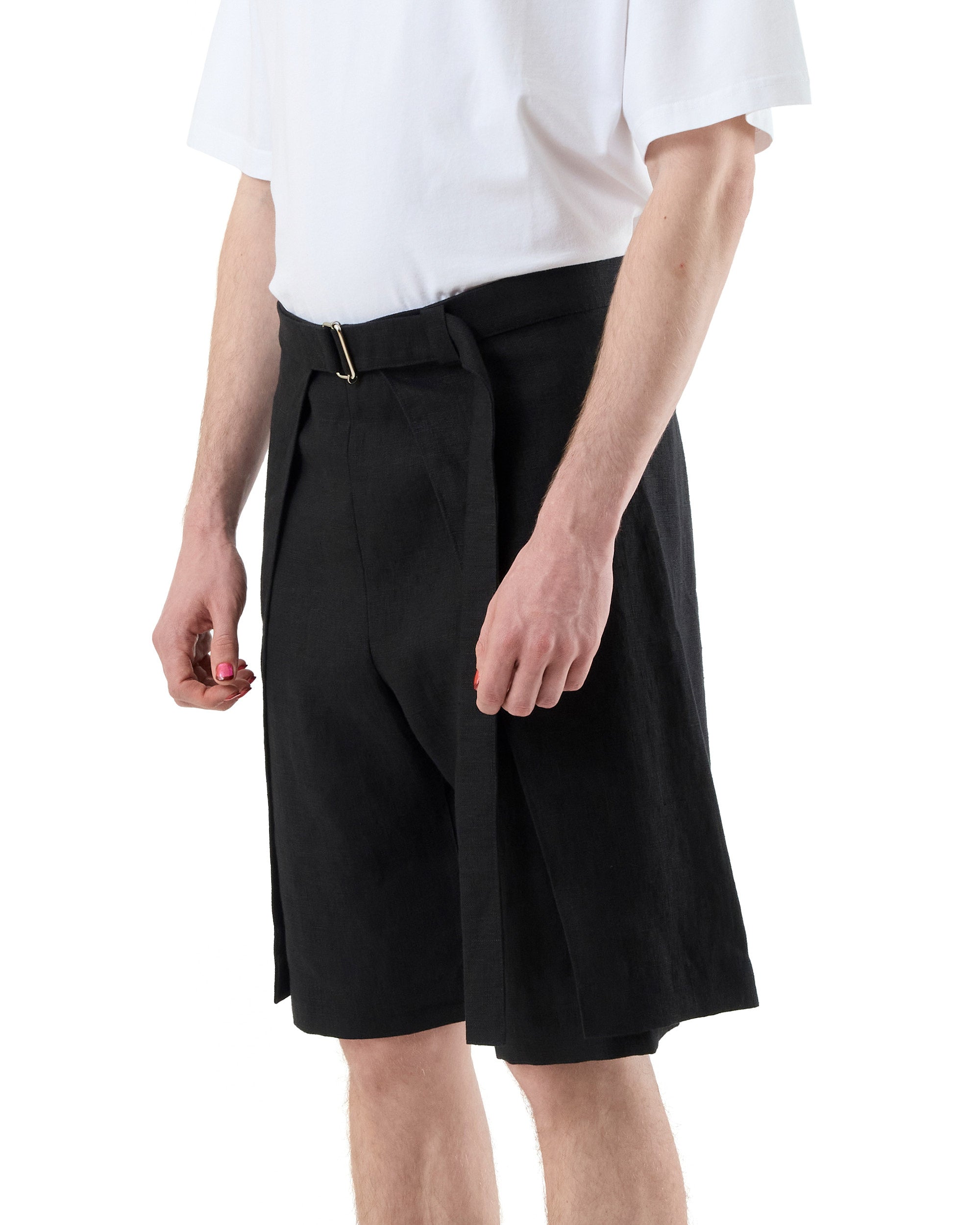 BLACK LINEN WRAP SHORTS